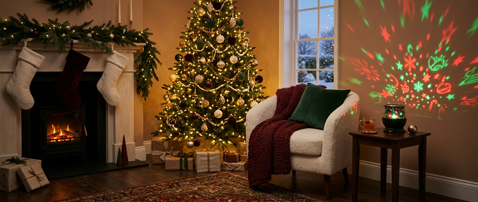 Cozy Christmas room lit by a star projector